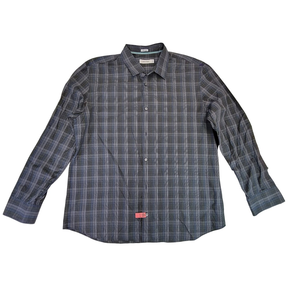 Calvin Klein Men's XL Plaid Button Down Long Sleeve Dress Shirt Gray Blue